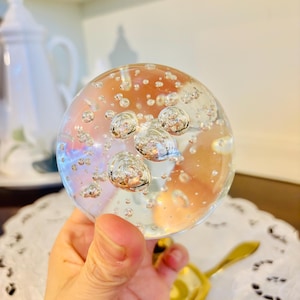 Vintage art glass controlled bubbles paperweight circular clear bubbled glass orb