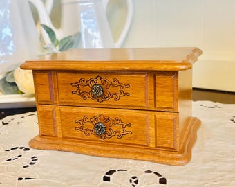 Vintage wooden hinged lift top jewelry Box with Drawer beige velvet liner 7.5 x 5 x 4"