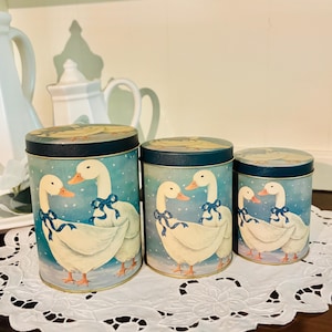 Set of 3 Vintage Country goose nesting tin farmhouse geese Blue Ribbon White Geese canister