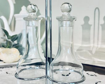 Set of Oil Vinegar cruet set with metal caddy and stopper bottles 7.5" tall condiment caddy