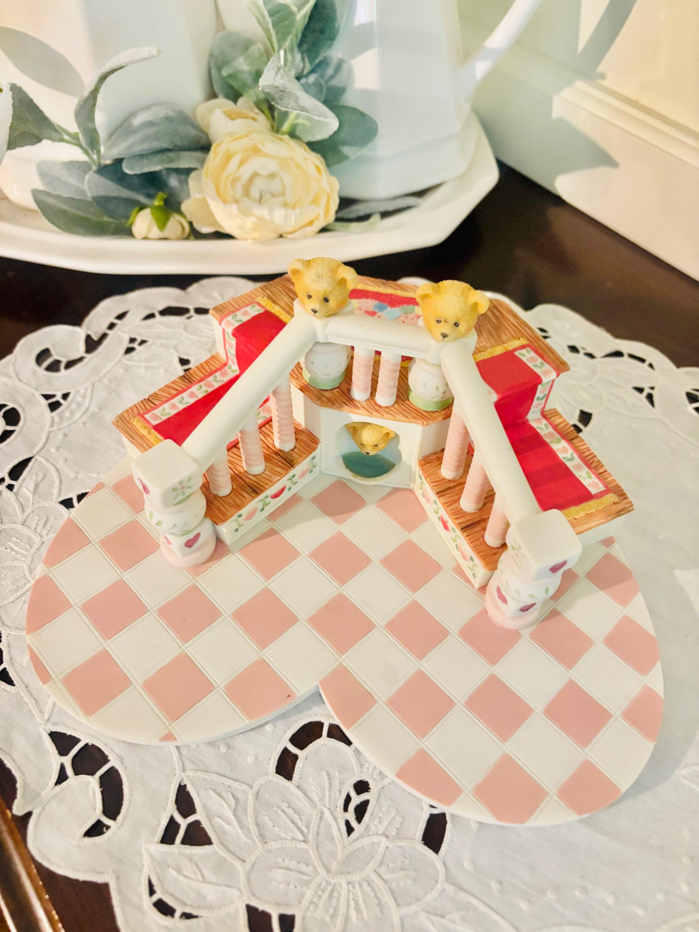 Enesco Cherished Teddies pink themed figurine display stand staircase ballroom dance flore pink checkered floor 1995