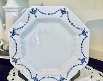 Independence Ironstone Castleton China Octagonal dinner plate STAINED CRAZED CHIPPED neoclassical urn swag garland blue white transferware