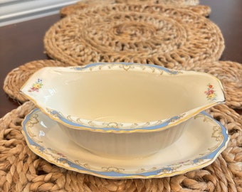 Vintage Syracuse China Symphony pattern Federal Shape Gravy Boat with attached tray gold and blue
