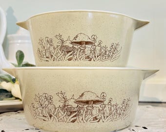 Vintage Pyrex mushroom forest fancies flat bottom cinderella  mixing nesting bowl casserole 474b 475b 1.5 Liter 2.5 Liter