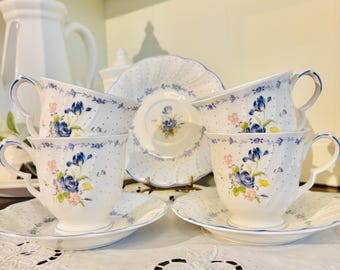 Nikko Japan Blue Peony Footed Coffee Tea Cups with Saucers cottagecore dinnerware tableware
