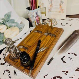 Vintage solid wood wodden desk organizer with brass trim