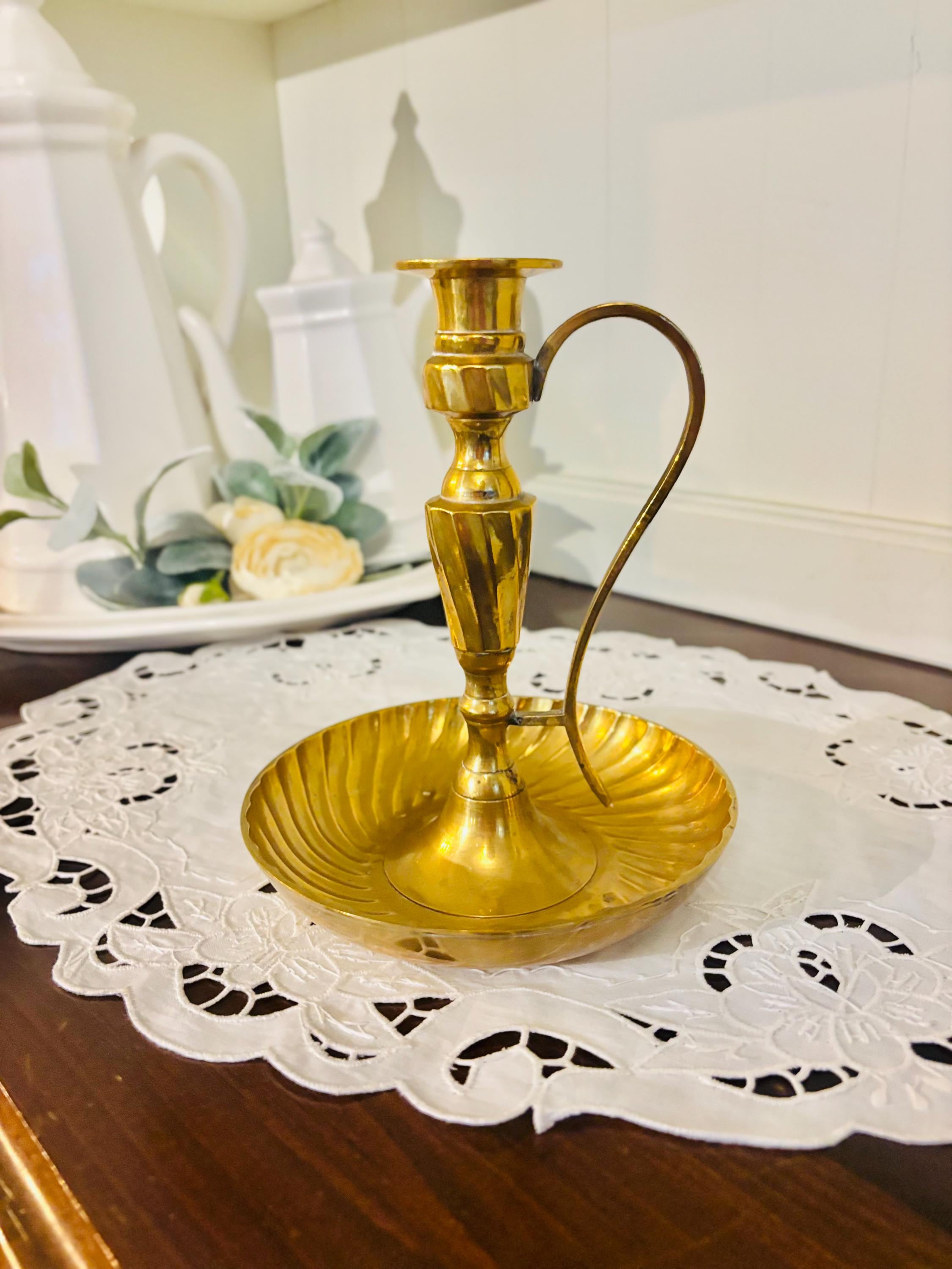 Vintage Brass LARGE Chamberstick Candle Holder with Finger Loop Handle 6"