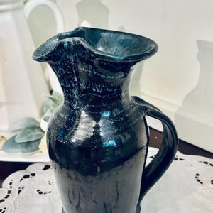 SIGNED Handmade studio art Pottery stoneware DARK BLUE glazed textured water pitcher jug vase with handle carafe ruffled top 10.5" tall