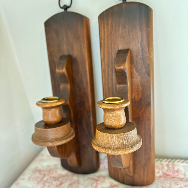 Pair of vintage wooden wood candle holder sconces solid wood wall hanging