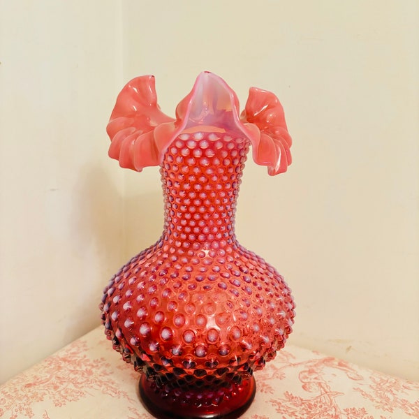 Vintage Fenton Large Opalescent Cranberry Hobnail Ruffled 10 3/4" Glass Vase