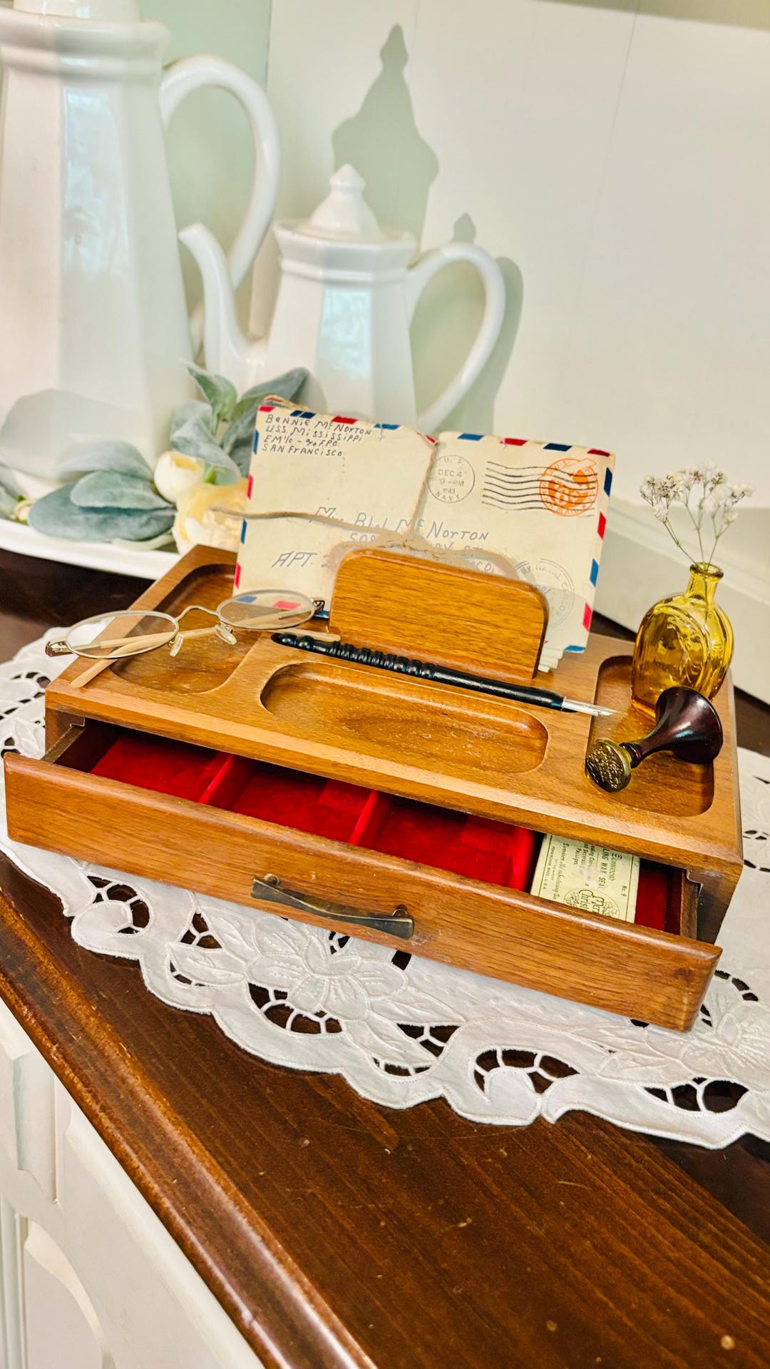 Vintage Wooden Desk Office Organizer Box With Drawer Jewelry Box 11.25 ...