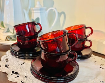 Vintage ARCOROC France Classique Ruby Red Glass tea cup and saucer Christmas Holiday table setting dinnerware