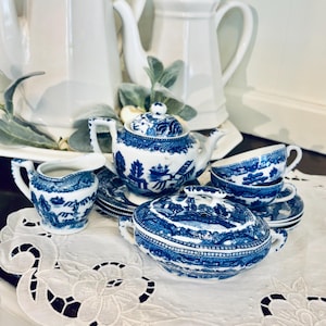 Lot of 14 piece BLUE WILLOW MINI child miniature china tea set tea pot jug tureen covered dish cup saucer plate dish marked Japan