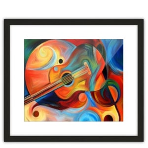 May include: Abstract painting of a guitar in a black frame. The guitar is painted in shades of red, orange, yellow, blue, and green. The background is a swirling mix of colors. The painting is titled "NB Arts and Design: Bringing Real Art to Your Space."