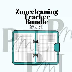 Könnte beinhalten: Ein türkisfarbener Ordner mit einem schwarz-weißen, druckbaren Zonen-Reinigungstracker im Inneren. Der Ordner ist mit "Zonecleaning Tracker Bundle" und "A5 Size, PDF, Printable" beschriftet.