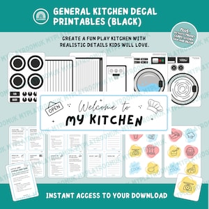 May include: Black and white kitchen decal printables with appliances, recipe cards, and cooking-themed graphics. Includes text that reads "Welcome to my Kitchen" and "Instant access to your download."