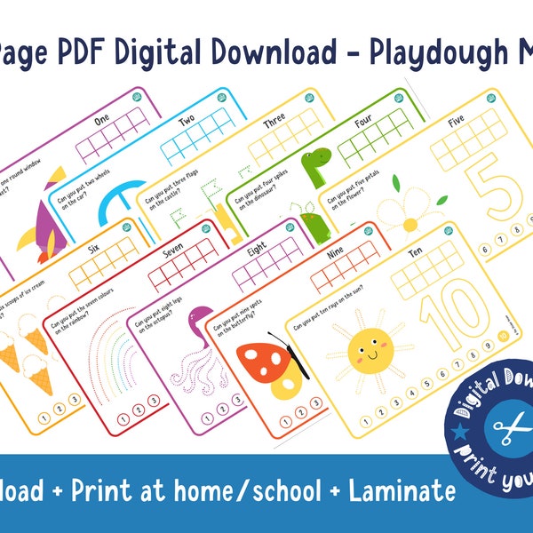 Números Playdough Mats DESCARGA DIGITAL, Descarga instantánea, Actividad de plastilina, Aprendizaje en el hogar, Tapetes de actividades, Educación en el hogar, Aprendizaje de números