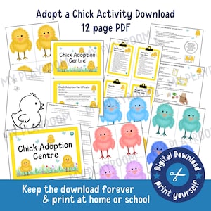 May include: A digital download activity set titled "Adopt a Chick." The 12-page PDF includes coloring pages, a chick adoption certificate, and educational materials. The design features yellow chicks, butterflies, and the text "Chick Adoption Centre."