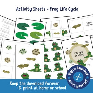 May include: Educational activity sheets illustrating the frog life cycle, featuring stages from frogspawn to adult frog. Includes labeled diagrams, numbered frog illustrations, and the text "Keep the download forever & print at home or school."