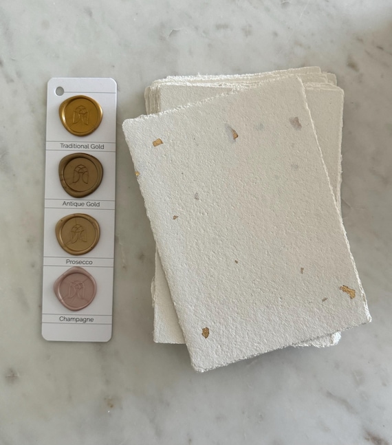 White Cream with Gold Flecks Handmade Paper | Handmade Deckle Edge | Abaca & Cotton Handmade Paper | Made in USA | A7 5x7 | Wedding Paper