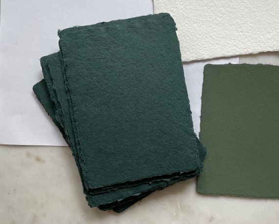 Dark Green Handmade Paper | A7 Deckle Edge | Abaca & Cotton Handmade Paper | Made in USA | 5" x 7" Card Invitations | Wedding invitations