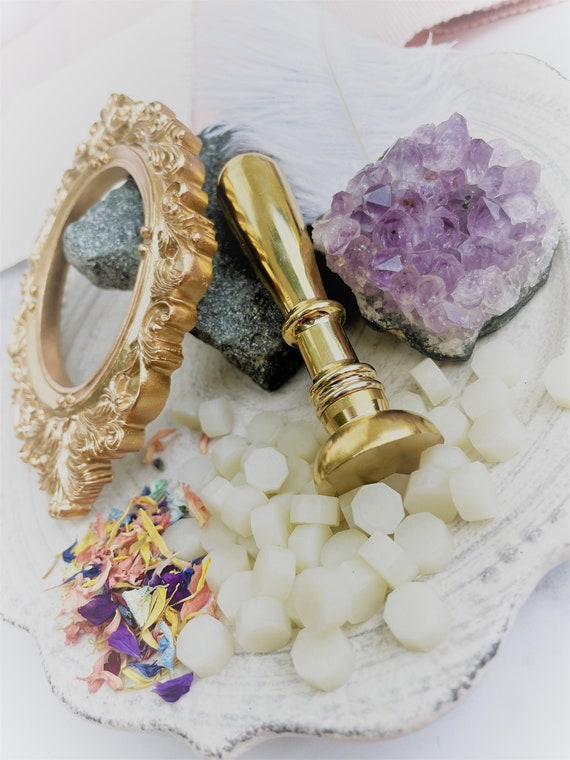 Blank Wax Stamp Seal Set | Brass Wax Stamp | Rose Gold Tin & Dried Flower Petals | Translucent Wax Beads | Vellum Wax Beads