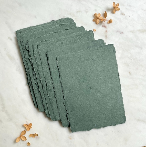 Sea Green Handmade Paper | A7 Deckle Edge | Abaca & Cotton Handmade Paper | Made in USA | 5" x 7" Card Invitations | Wedding invitations