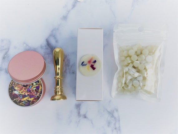 Blank Wax Stamp Seal Set | Brass Wax Stamp | Rose Gold Tin Dried Flower Petals | Translucent Wax Beads | Vellum Wax Beads | Flower sprinkles