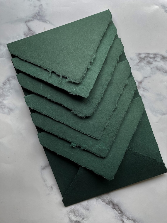 Dark Green Handmade Paper | Envelopes | Handmade Deckle Edge Paper | Abaca & Cotton Handmade Paper | Made in USA | A7 | Wedding invitations
