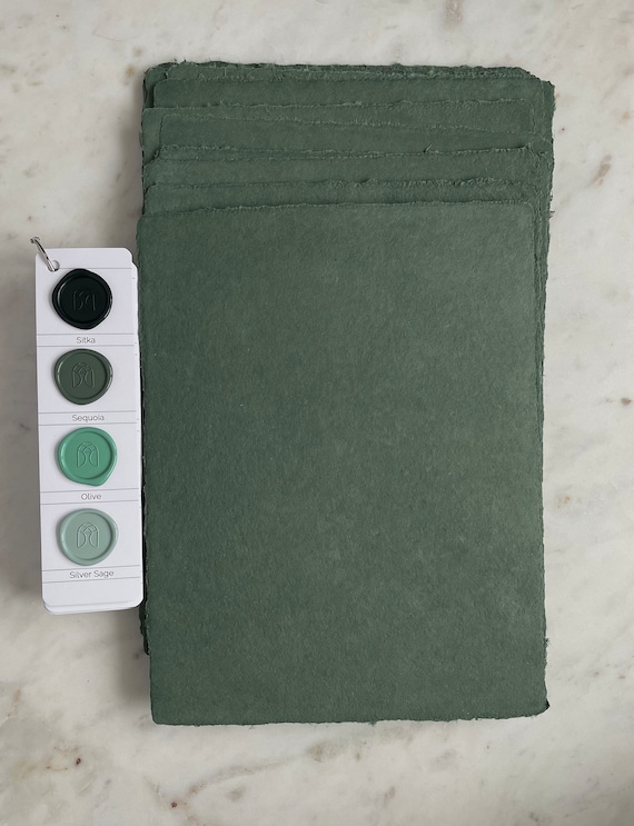 Olive Green Handmade Paper | Handmade Deckle Edge Paper | Abaca & Cotton Paper | Wedding Paper | Made in USA | A7 5x7 Card Invitations