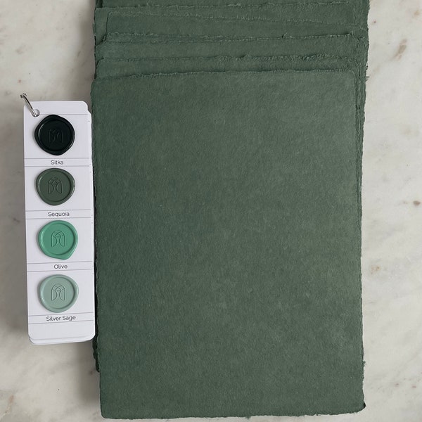Olive Green Handmade Paper | A7 Deckle Edge | Abaca & Cotton Handmade Paper | Made in USA | 5" x 7" Card Invitations
