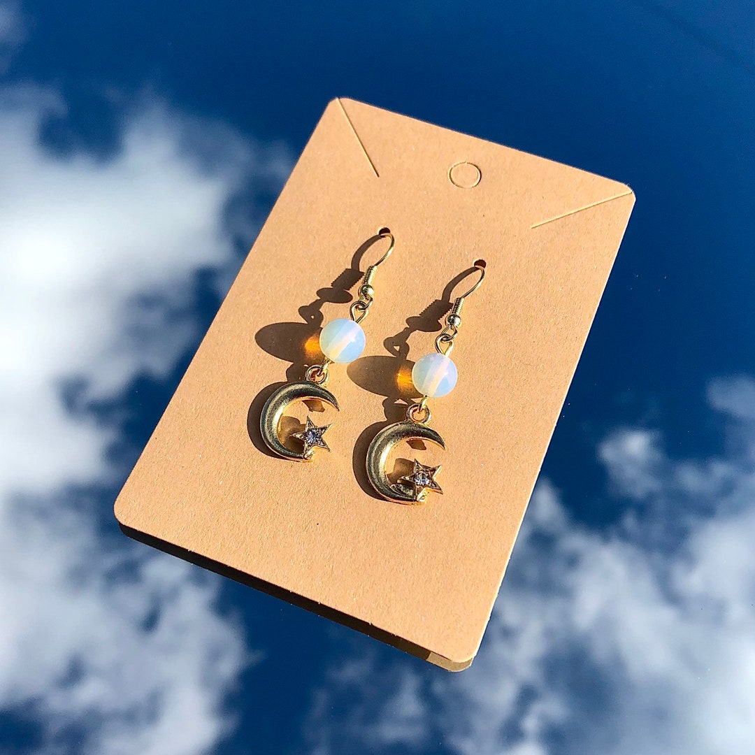 Moonstone Gold Crescent Moon Handmade Earrings Celestial Earrings