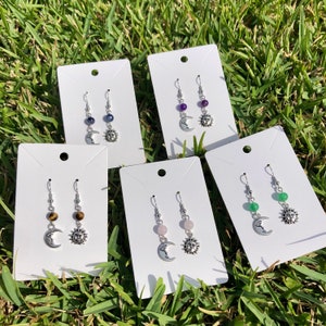 Crystal Sun and Moon earrings - Tigers Eye, Green Aventurine, Amethyst, Blue Aventurine, Rose Quartz