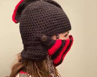 Kids/adults crochet knight hat w removable face shield