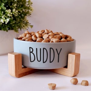 Ceramic pet bowl with bamboo stand / custom pet name bowls