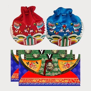 Set regalo di biglietti d'auguri coreani Bokjumeoni e Hanbok, 2 sacchetti portafortuna ricamati + 2 biglietti d'auguri tradizionali