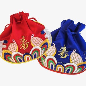 Turtle Longevity Korean Pouch Set, 2 Fortune Bags with Blessing Characters, Bokjumeoni New Year & Chuseok Celebration