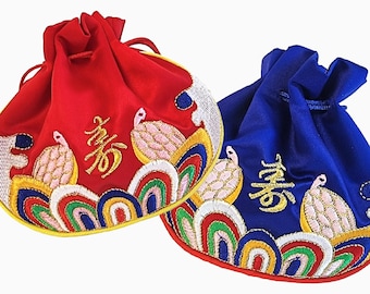 Turtle Longevity Korean Pouch Set, 2 Fortune Bags with Blessing Characters, Bokjumeoni New Year & Chuseok Celebration
