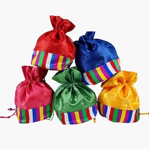 5PCS Set of Korean Color Block Saekdong Lucky Bags, Multicolor Stripes Bokjumeoni Hanbok Fortune Bag, Korean Lucky Gift Bag