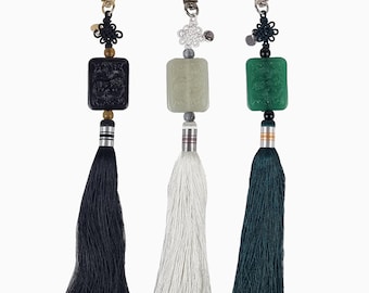 Twin Crane Jade Korean Norigae Keyring, Long Tassel With