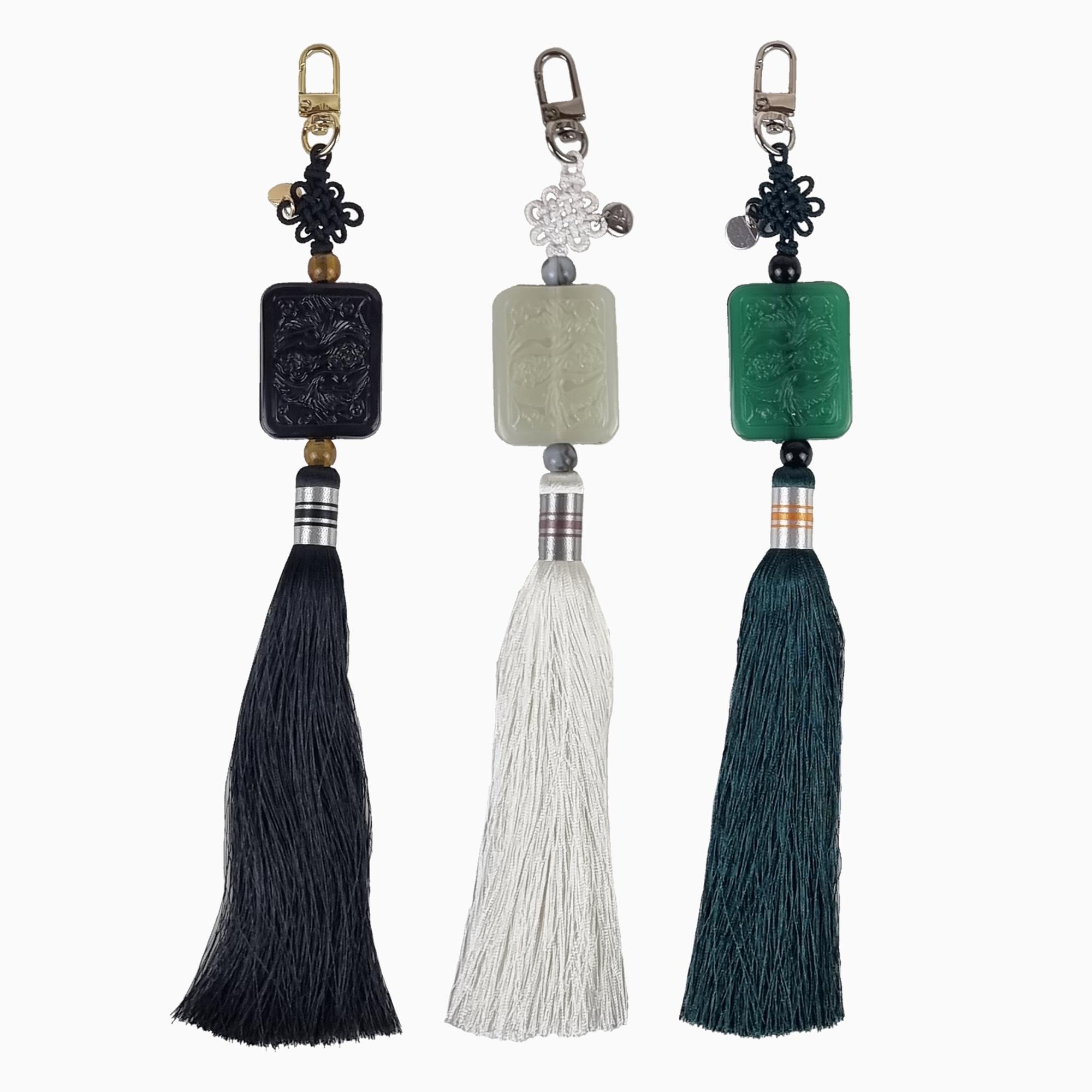 Twin Crane Jade Korean Norigae Keyring, Long Tassel With