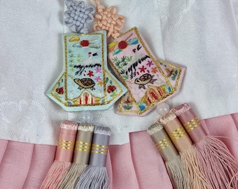 Pastel Turtle&Crane Norigae Korean Tassel Charm, Korean Good Luck Symbol Embroidered Hanbok Accessory Keychain, New Year and Chuseok Gift