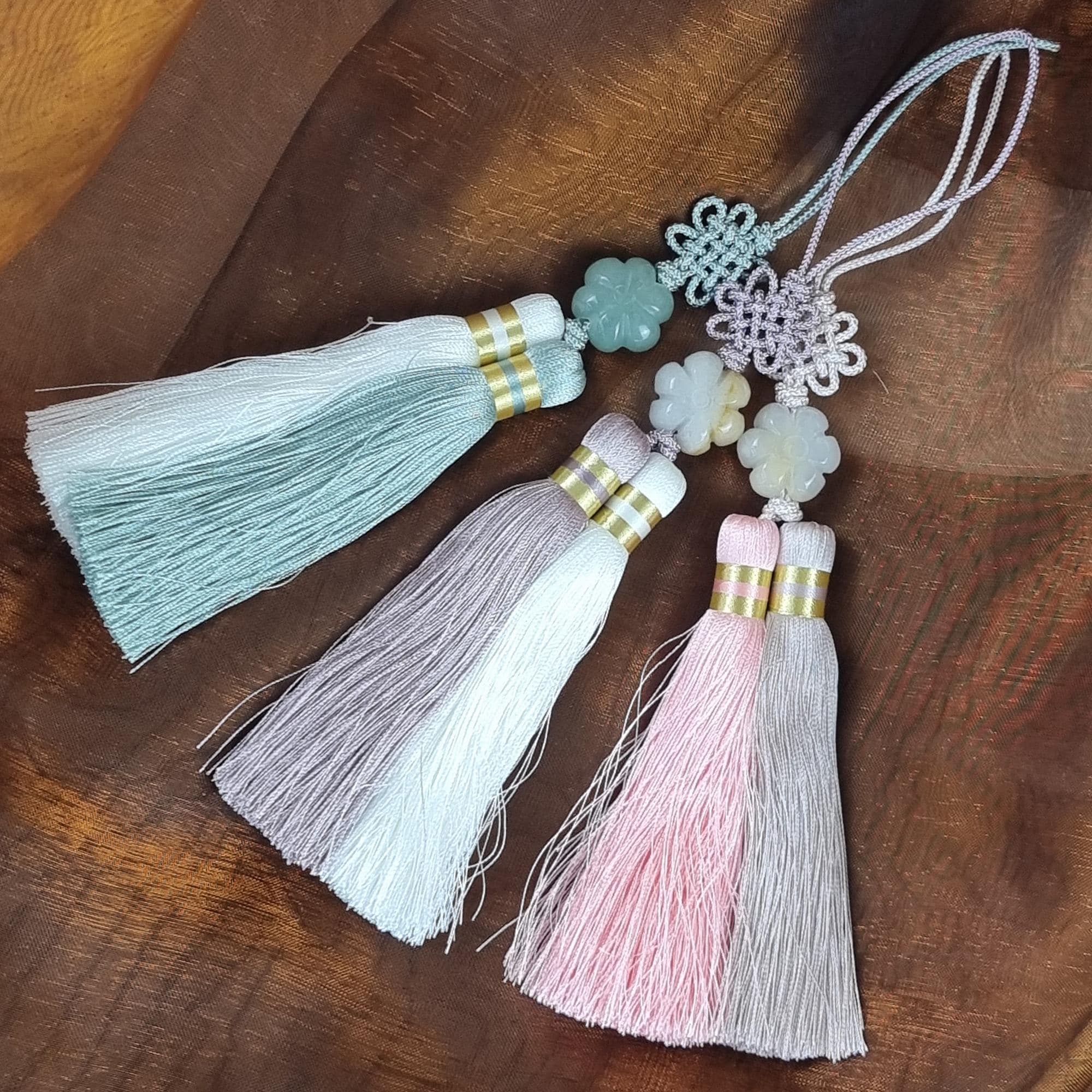 Chrysanthemum Jade Korean Norigae, Two Strand Tassel Hanbok Charm