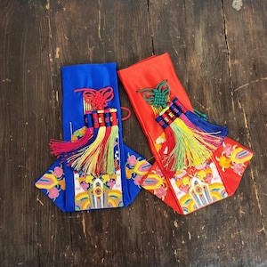 Korean Mandarin Duck Embroidered Pouch Pair, Traditional Wedding Blessing Set with Norigae Tassels, Red & Blue Fortune Bags