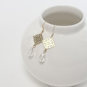 Bosanghwa Lotus Korean Earrings, Gold Rhombus Drop Jewelry with Clear Crystal Accent, Traditional Floral Dangle Earrings, Chuseok Gifts