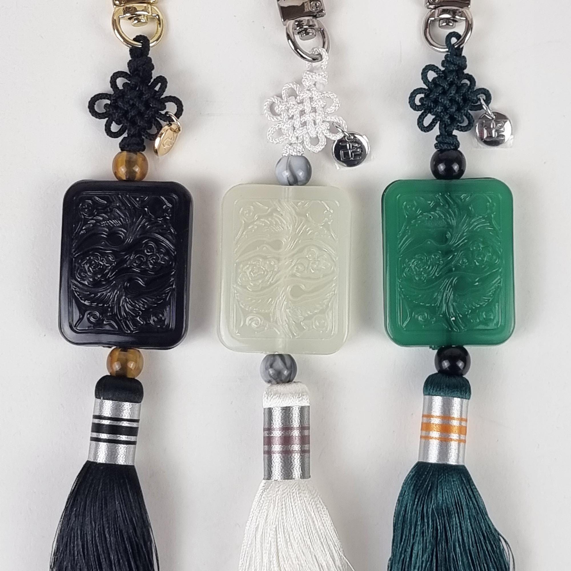 Twin Crane Jade Korean Norigae Keyring, Long Tassel With