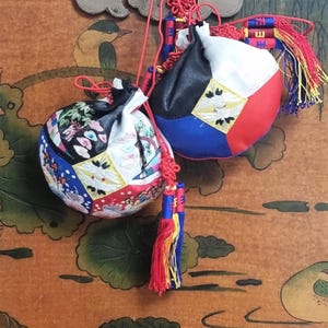 Sipjangsaeng Korean Lucky Pouch, Traditional Ten Symbols of Longevity Embroidered Bokjumeoni with Obangsaek Colors & Norigae Tassels
