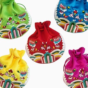 Set da 5 pezzi di sacchetti portafortuna ricamati in Corea, sacchetto portafortuna Hanbok Bokjumeoni, sacchetto regalo fortunato coreano, celebrazione del capodanno lunare