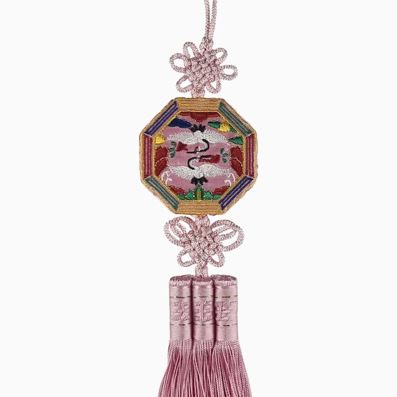 Cranes Embroidered Norigae Korean Tassel Charm, Hak Norigae Hanbok Knot Brooch, Korean Lucky Accessories Keychain, New Year and Chuseok Gift