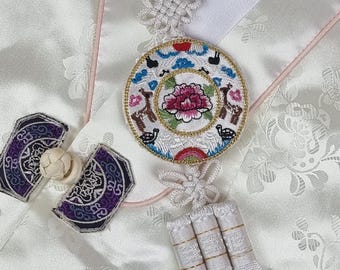 Five Blessings Norigae Korean Tassel Charm, Deer and Peony Lucky Symbols Embroidered Hanbok Accessory Keychain, New Year and Chuseok Gifts